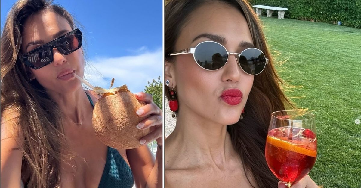 Jessica Alba in a green bikini sipping from a coconut during her Mexico vacation
