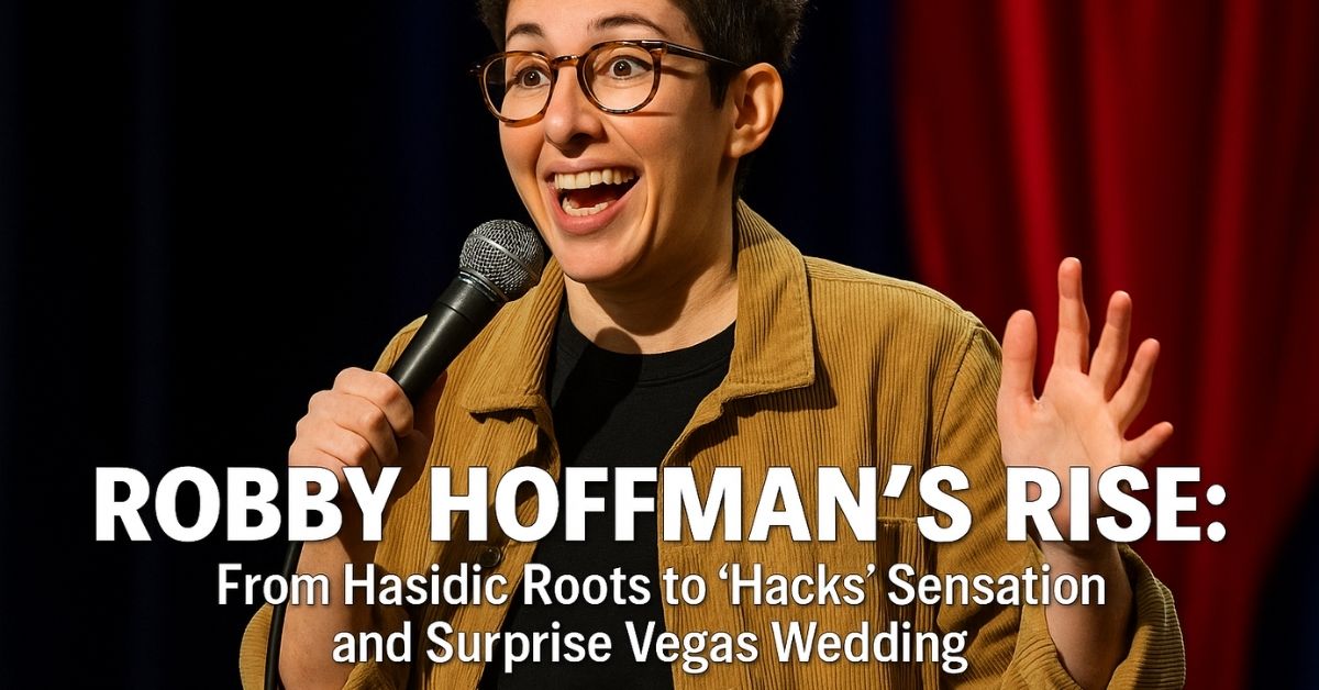 Robby Hoffman performing stand-up on stage with energy