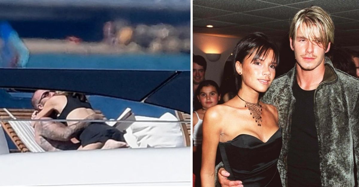 Victoria and David Beckham hugging on a yacht in Saint-Tropez